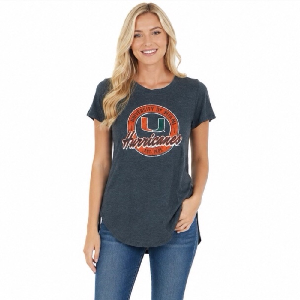 Miami Hurricanes Womens T Shirt Size Small 4/6 Split Sides Distressed Logo Green